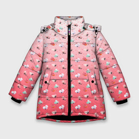 Зимняя куртка для девочек 3D с принтом пижамный цветочек в Новосибирске, ткань верха — 100% полиэстер; подклад — 100% полиэстер, утеплитель — 100% полиэстер. | длина ниже бедра, удлиненная спинка, воротник стойка и отстегивающийся капюшон. Есть боковые карманы с листочкой на кнопках, утяжки по низу изделия и внутренний карман на молнии. 

Предусмотрены светоотражающий принт на спинке, радужный светоотражающий элемент на пуллере молнии и на резинке для утяжки. | Тематика изображения на принте: белый | гармония | горох | горошек | женский | женственный | запечатка | красный | маки | милый | пастельный | пижама | пижамный | покой | спокойный | точечки | узор | уютный | цветочек