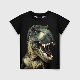Детская футболка 3D с принтом Динозавр T-Rex в Новосибирске, 100% гипоаллергенный полиэфир | прямой крой, круглый вырез горловины, длина до линии бедер, чуть спущенное плечо, ткань немного тянется | dino | dinosauria | t rex | ti rex | дино | динозавр | парк юрского | т рекс | ти рекс | чудовище | юрский период | ящер | ящерица