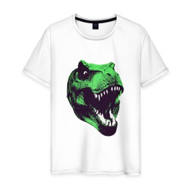 Мужская футболка хлопок с принтом Голова динозавра в Новосибирске, 100% хлопок | прямой крой, круглый вырез горловины, длина до линии бедер, слегка спущенное плечо. | dino | голова динозавра | динозавр | животные | монстр