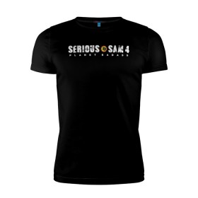 Мужская футболка премиум с принтом Serious Sam 4 в Новосибирске, 92% хлопок, 8% лайкра | приталенный силуэт, круглый вырез ворота, длина до линии бедра, короткий рукав | croteam | devolver | digital | games | planet | sam | serious | игры | крутой | планета | сэм
