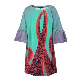Детское платье 3D с принтом красные щупальца осминога в Новосибирске, 100% полиэстер | прямой силуэт, чуть расширенный к низу. Круглая горловина, на рукавах — воланы | враг | градиент | захвачен | злобный | зловещий | красные | монстр | морской | опасный | осьминог | подводный | рисованный | синий | тентакли | фиолетовый | щупальца