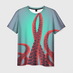 Мужская футболка 3D с принтом красные щупальца осминога в Новосибирске, 100% полиэфир | прямой крой, круглый вырез горловины, длина до линии бедер | враг | градиент | захвачен | злобный | зловещий | красные | монстр | морской | опасный | осьминог | подводный | рисованный | синий | тентакли | фиолетовый | щупальца