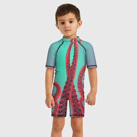 Детский купальный костюм 3D с принтом красные щупальца осминога в Новосибирске, Полиэстер 85%, Спандекс 15% | застежка на молнии на спине | враг | градиент | захвачен | злобный | зловещий | красные | монстр | морской | опасный | осьминог | подводный | рисованный | синий | тентакли | фиолетовый | щупальца