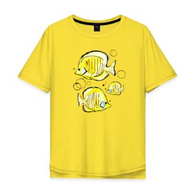 Мужская футболка хлопок Oversize с принтом Рыбы-бабочки в Новосибирске, 100% хлопок | свободный крой, круглый ворот, “спинка” длиннее передней части | Тематика изображения на принте: аквариумные | бабочки | дизайн | желтый | модная | морская | обитатели | оригинальный | подводное | принт | рыба | рыбы | скетч | стильная | яркая