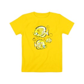Детская футболка хлопок с принтом Рыбы-бабочки в Новосибирске, 100% хлопок | круглый вырез горловины, полуприлегающий силуэт, длина до линии бедер | аквариумные | бабочки | дизайн | желтый | модная | морская | обитатели | оригинальный | подводное | принт | рыба | рыбы | скетч | стильная | яркая