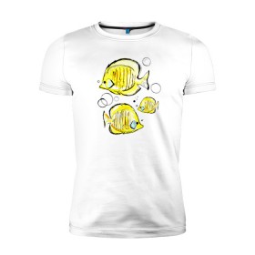 Мужская футболка премиум с принтом Рыбы-бабочки в Новосибирске, 92% хлопок, 8% лайкра | приталенный силуэт, круглый вырез ворота, длина до линии бедра, короткий рукав | аквариумные | бабочки | дизайн | желтый | модная | морская | обитатели | оригинальный | подводное | принт | рыба | рыбы | скетч | стильная | яркая