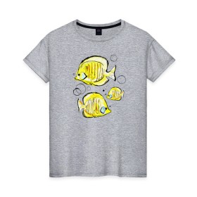 Женская футболка хлопок с принтом Рыбы-бабочки в Новосибирске, 100% хлопок | прямой крой, круглый вырез горловины, длина до линии бедер, слегка спущенное плечо | аквариумные | бабочки | дизайн | желтый | модная | морская | обитатели | оригинальный | подводное | принт | рыба | рыбы | скетч | стильная | яркая
