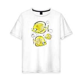 Женская футболка хлопок Oversize с принтом Рыбы-бабочки в Новосибирске, 100% хлопок | свободный крой, круглый ворот, спущенный рукав, длина до линии бедер
 | аквариумные | бабочки | дизайн | желтый | модная | морская | обитатели | оригинальный | подводное | принт | рыба | рыбы | скетч | стильная | яркая