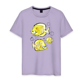 Мужская футболка хлопок с принтом Рыбы-бабочки в Новосибирске, 100% хлопок | прямой крой, круглый вырез горловины, длина до линии бедер, слегка спущенное плечо. | аквариумные | бабочки | дизайн | желтый | модная | морская | обитатели | оригинальный | подводное | принт | рыба | рыбы | скетч | стильная | яркая