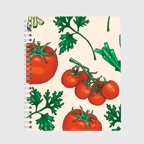 Тетрадь с принтом Летние овощи в Новосибирске, 100% бумага | 48 листов, плотность листов — 60 г/м2, плотность картонной обложки — 250 г/м2. Листы скреплены сбоку удобной пружинной спиралью. Уголки страниц и обложки скругленные. Цвет линий — светло-серый
 | 3d | зелень | летние | лето | лук | овощи | петрушка | помидоры | популярные | томаты