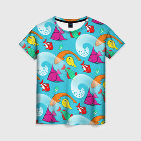 Женская футболка 3D с принтом рыбки и море паттерн в Новосибирске, 100% полиэфир ( синтетическое хлопкоподобное полотно) | прямой крой, круглый вырез горловины, длина до линии бедер | бирюзовый | девочке | море | на лето | подарок | подростку | позитив | рыбки | яркая вещь
