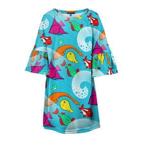 Детское платье 3D с принтом рыбки и море паттерн в Новосибирске, 100% полиэстер | прямой силуэт, чуть расширенный к низу. Круглая горловина, на рукавах — воланы | бирюзовый | девочке | море | на лето | подарок | подростку | позитив | рыбки | яркая вещь