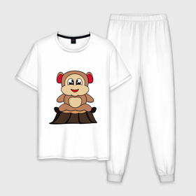 Мужская пижама хлопок с принтом обезьяна в Новосибирске, 100% хлопок | брюки и футболка прямого кроя, без карманов, на брюках мягкая резинка на поясе и по низу штанин
 | детские | животные | звери | картинки | милый | мультфильмы | обезьяна | пень | популярные | прикольные | смешные | счастливый