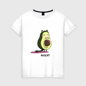 Женская футболка хлопок с принтом авокадо кот - авокот в Новосибирске, 100% хлопок | прямой крой, круглый вырез горловины, длина до линии бедер, слегка спущенное плечо | авокадо | авокат | авокот | адвокат | девочка | еда | карикатура | классно | комикс | кот | котик | милашка | мило | мультяшка | няшка | организм | соединение | юмор