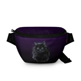 Поясная сумка 3D с принтом черный кот на фиолетовом фоне в Новосибирске, 100% полиэстер | плотная ткань, ремень с регулируемой длиной, внутри несколько карманов для мелочей, основное отделение и карман с обратной стороны сумки застегиваются на молнию | акварель | глаза | клево | котейка | котенок | котик | котэ | кошак | кошка | красиво | любителю кошек | модно | мяу | подарок | пушистый | рисунок | стильно | темный | черный кот | шерсть