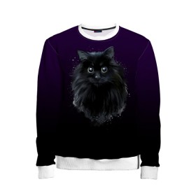 Детский свитшот 3D с принтом черный кот на фиолетовом фоне в Новосибирске, 100% полиэстер | свободная посадка, прямой крой, мягкая тканевая резинка на рукавах и понизу свитшота | Тематика изображения на принте: акварель | глаза | клево | котейка | котенок | котик | котэ | кошак | кошка | красиво | любителю кошек | модно | мяу | подарок | пушистый | рисунок | стильно | темный | черный кот | шерсть