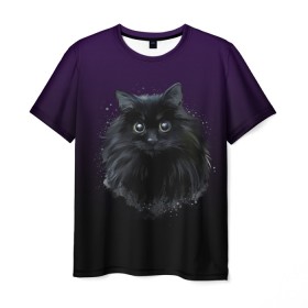 Мужская футболка 3D с принтом черный кот на фиолетовом фоне в Новосибирске, 100% полиэфир | прямой крой, круглый вырез горловины, длина до линии бедер | акварель | глаза | клево | котейка | котенок | котик | котэ | кошак | кошка | красиво | любителю кошек | модно | мяу | подарок | пушистый | рисунок | стильно | темный | черный кот | шерсть