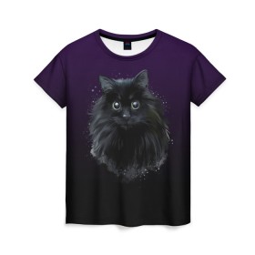 Женская футболка 3D с принтом черный кот на фиолетовом фоне в Новосибирске, 100% полиэфир ( синтетическое хлопкоподобное полотно) | прямой крой, круглый вырез горловины, длина до линии бедер | акварель | глаза | клево | котейка | котенок | котик | котэ | кошак | кошка | красиво | любителю кошек | модно | мяу | подарок | пушистый | рисунок | стильно | темный | черный кот | шерсть
