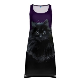 Платье-майка 3D с принтом черный кот на фиолетовом фоне в Новосибирске, 100% полиэстер | полуприлегающий силуэт, широкие бретели, круглый вырез горловины, удлиненный подол сзади. | акварель | глаза | клево | котейка | котенок | котик | котэ | кошак | кошка | красиво | любителю кошек | модно | мяу | подарок | пушистый | рисунок | стильно | темный | черный кот | шерсть