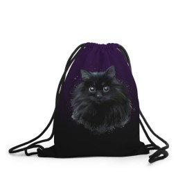 Рюкзак-мешок 3D с принтом черный кот на фиолетовом фоне в Новосибирске, 100% полиэстер | плотность ткани — 200 г/м2, размер — 35 х 45 см; лямки — толстые шнурки, застежка на шнуровке, без карманов и подкладки | акварель | глаза | клево | котейка | котенок | котик | котэ | кошак | кошка | красиво | любителю кошек | модно | мяу | подарок | пушистый | рисунок | стильно | темный | черный кот | шерсть