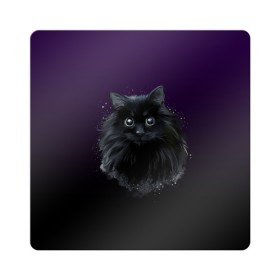 Магнит виниловый Квадрат с принтом черный кот на фиолетовом фоне в Новосибирске, полимерный материал с магнитным слоем | размер 9*9 см, закругленные углы | Тематика изображения на принте: акварель | глаза | клево | котейка | котенок | котик | котэ | кошак | кошка | красиво | любителю кошек | модно | мяу | подарок | пушистый | рисунок | стильно | темный | черный кот | шерсть
