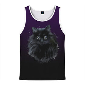 Мужская майка 3D с принтом черный кот на фиолетовом фоне в Новосибирске, 100% полиэстер | круглая горловина, приталенный силуэт, длина до линии бедра. Пройма и горловина окантованы тонкой бейкой | Тематика изображения на принте: акварель | глаза | клево | котейка | котенок | котик | котэ | кошак | кошка | красиво | любителю кошек | модно | мяу | подарок | пушистый | рисунок | стильно | темный | черный кот | шерсть