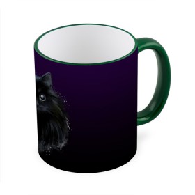 Кружка с принтом черный кот на фиолетовом фоне в Новосибирске, керамика | ёмкость 330 мл | акварель | глаза | клево | котейка | котенок | котик | котэ | кошак | кошка | красиво | любителю кошек | модно | мяу | подарок | пушистый | рисунок | стильно | темный | черный кот | шерсть