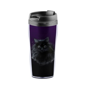 Термокружка-непроливайка с принтом черный кот на фиолетовом фоне в Новосибирске, внутренняя часть — пищевой пластик, наружная часть — прозрачный пластик, между ними — полиграфическая вставка с рисунком | объем — 350 мл, герметичная крышка | Тематика изображения на принте: акварель | глаза | клево | котейка | котенок | котик | котэ | кошак | кошка | красиво | любителю кошек | модно | мяу | подарок | пушистый | рисунок | стильно | темный | черный кот | шерсть