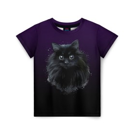 Детская футболка 3D с принтом черный кот на фиолетовом фоне в Новосибирске, 100% гипоаллергенный полиэфир | прямой крой, круглый вырез горловины, длина до линии бедер, чуть спущенное плечо, ткань немного тянется | акварель | глаза | клево | котейка | котенок | котик | котэ | кошак | кошка | красиво | любителю кошек | модно | мяу | подарок | пушистый | рисунок | стильно | темный | черный кот | шерсть