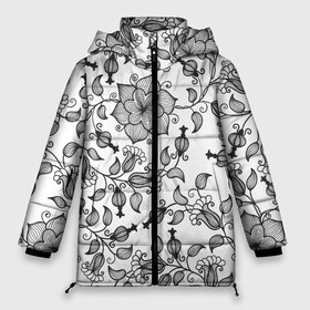 Женская зимняя куртка 3D с принтом Цветы в Новосибирске, верх — 100% полиэстер; подкладка — 100% полиэстер; утеплитель — 100% полиэстер | длина ниже бедра, силуэт Оверсайз. Есть воротник-стойка, отстегивающийся капюшон и ветрозащитная планка. 

Боковые карманы с листочкой на кнопках и внутренний карман на молнии | Тематика изображения на принте: 3d | белое | лепестки | летняя | лето | листья | популярное | растения | цветы | черное