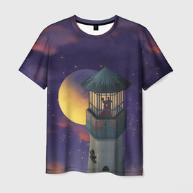 Мужская футболка 3D с принтом To the Moon 3D в Новосибирске, 100% полиэфир | прямой крой, круглый вырез горловины, длина до линии бедер | lighthouse | moon | night | pair | silhouettes | stars | to the moon | звёзды | луна | маяк | ночь | пара | силуэты