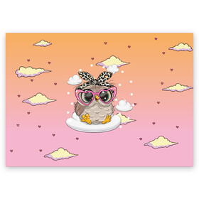 Поздравительная открытка с принтом Милая сова на облачках в Новосибирске, 100% бумага | плотность бумаги 280 г/м2, матовая, на обратной стороне линовка и место для марки
 | девочка | милашка | милая | милая сова | облака | облачка | сова | сова в очках | сова девочка | совенок | совушка