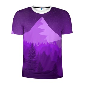 Мужская футболка 3D спортивная с принтом Ночные горы в Новосибирске, 100% полиэстер с улучшенными характеристиками | приталенный силуэт, круглая горловина, широкие плечи, сужается к линии бедра | горы | звёздное небо | звёзды | лес | небо | ночь | фиолетовый