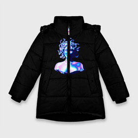 Зимняя куртка для девочек 3D с принтом WAPORWAVE в Новосибирске, ткань верха — 100% полиэстер; подклад — 100% полиэстер, утеплитель — 100% полиэстер. | длина ниже бедра, удлиненная спинка, воротник стойка и отстегивающийся капюшон. Есть боковые карманы с листочкой на кнопках, утяжки по низу изделия и внутренний карман на молнии. 

Предусмотрены светоотражающий принт на спинке, радужный светоотражающий элемент на пуллере молнии и на резинке для утяжки. | Тематика изображения на принте: waporwave | блеск | голография | медуза