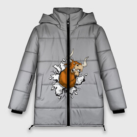 Женская зимняя куртка 3D с принтом Ярость быка на сером в Новосибирске, верх — 100% полиэстер; подкладка — 100% полиэстер; утеплитель — 100% полиэстер | длина ниже бедра, силуэт Оверсайз. Есть воротник-стойка, отстегивающийся капюшон и ветрозащитная планка. 

Боковые карманы с листочкой на кнопках и внутренний карман на молнии | 2021 | бык | внезапный | внутренняя сила | градиент | достали | злость | изнутри | мультяшный | прорыв | разрыв | рисованный | рога | серый | сквозь | тореро | ярость