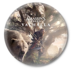 Значок с принтом Assassin’s Creed Valhalla в Новосибирске,  металл | круглая форма, металлическая застежка в виде булавки | action | creed | eivor | rpg | ubisoft | valhalla | viking | vikings | англия | ассасин | ассасина | вальгалла | викинг | викинги | кредо | эйвор
