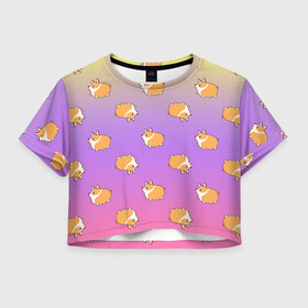 Женская футболка Crop-top 3D с принтом Корги в Новосибирске, 100% полиэстер | круглая горловина, длина футболки до линии талии, рукава с отворотами | animal | kids | pattern | дети | животные | корги | лето | малыши | паттерн | текстура