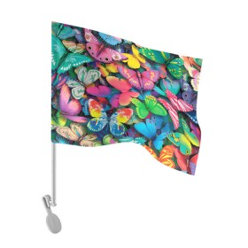 Флаг для автомобиля с принтом Радужный рой в Новосибирске, 100% полиэстер | Размер: 30*21 см | бабочка | бабочки | белый | бирюзовый | зеленый | красный | розовый | серый | синий | фиолетовый | яркий цвет