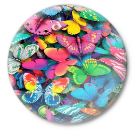 Значок с принтом Радужный рой в Новосибирске,  металл | круглая форма, металлическая застежка в виде булавки | бабочка | бабочки | белый | бирюзовый | зеленый | красный | розовый | серый | синий | фиолетовый | яркий цвет