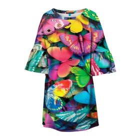 Детское платье 3D с принтом Радужный рой в Новосибирске, 100% полиэстер | прямой силуэт, чуть расширенный к низу. Круглая горловина, на рукавах — воланы | бабочка | бабочки | белый | бирюзовый | зеленый | красный | розовый | серый | синий | фиолетовый | яркий цвет