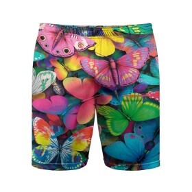 Мужские шорты спортивные с принтом Радужный рой в Новосибирске,  |  | бабочка | бабочки | белый | бирюзовый | зеленый | красный | розовый | серый | синий | фиолетовый | яркий цвет