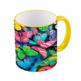 Кружка с принтом Радужный рой в Новосибирске, керамика | ёмкость 330 мл | бабочка | бабочки | белый | бирюзовый | зеленый | красный | розовый | серый | синий | фиолетовый | яркий цвет