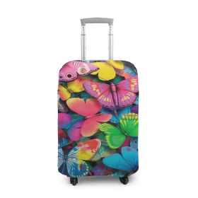 Чехол для чемодана 3D с принтом Радужный рой в Новосибирске, 86% полиэфир, 14% спандекс | двустороннее нанесение принта, прорези для ручек и колес | бабочка | бабочки | белый | бирюзовый | зеленый | красный | розовый | серый | синий | фиолетовый | яркий цвет