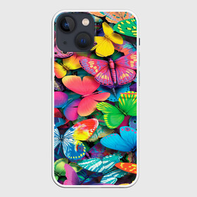 Чехол для iPhone 13 mini с принтом Радужный рой в Новосибирске,  |  | бабочка | бабочки | белый | бирюзовый | зеленый | красный | розовый | серый | синий | фиолетовый | яркий цвет