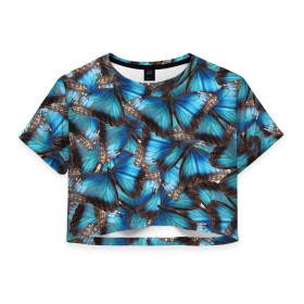 Женская футболка Crop-top 3D с принтом Небесный рой в Новосибирске, 100% полиэстер | круглая горловина, длина футболки до линии талии, рукава с отворотами | бабочка | бабочки | белый | синий | черный | яркий цвет