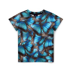 Детская футболка 3D с принтом Небесный рой в Новосибирске, 100% гипоаллергенный полиэфир | прямой крой, круглый вырез горловины, длина до линии бедер, чуть спущенное плечо, ткань немного тянется | бабочка | бабочки | белый | синий | черный | яркий цвет