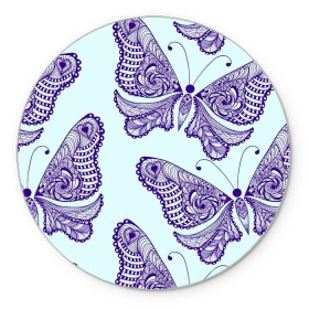 Коврик для мышки круглый с принтом Гжелевые бабочки в Новосибирске, резина и полиэстер | круглая форма, изображение наносится на всю лицевую часть | бабочки | бирюзовый | гжель | синий