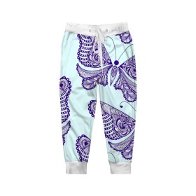 Детские брюки 3D с принтом Гжелевые бабочки в Новосибирске, 100% полиэстер | манжеты по низу, эластичный пояс регулируется шнурком, по бокам два кармана без застежек, внутренняя часть кармана из мелкой сетки | Тематика изображения на принте: бабочки | бирюзовый | гжель | синий