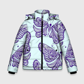 Зимняя куртка для мальчиков 3D с принтом Гжелевые бабочки в Новосибирске, ткань верха — 100% полиэстер; подклад — 100% полиэстер, утеплитель — 100% полиэстер | длина ниже бедра, удлиненная спинка, воротник стойка и отстегивающийся капюшон. Есть боковые карманы с листочкой на кнопках, утяжки по низу изделия и внутренний карман на молнии. 

Предусмотрены светоотражающий принт на спинке, радужный светоотражающий элемент на пуллере молнии и на резинке для утяжки | Тематика изображения на принте: бабочки | бирюзовый | гжель | синий
