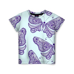Детская футболка 3D с принтом Гжелевые бабочки в Новосибирске, 100% гипоаллергенный полиэфир | прямой крой, круглый вырез горловины, длина до линии бедер, чуть спущенное плечо, ткань немного тянется | Тематика изображения на принте: бабочки | бирюзовый | гжель | синий